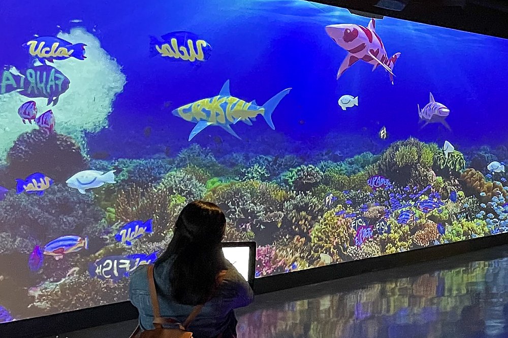Girl facing digital screen with painted sea life